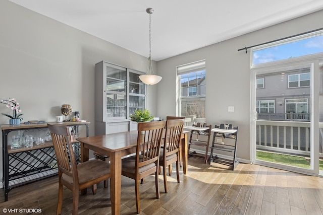 dining area featuring baseboards, wood finished floors, and a healthy amount of sunlight