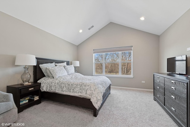 bedroom with visible vents, baseboards, lofted ceiling, light carpet, and recessed lighting