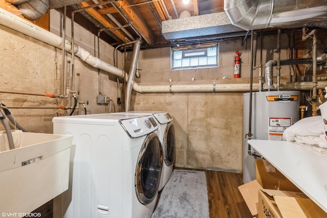 824 Elm St, Flossmoor, IL 60422 - laundry area featuring washing machine and dryer, dark wood finished floors, and water heater