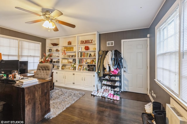 824 Elm St, Flossmoor, IL 60422 - office area featuring healthy amount of natural light, ceiling fan, and wood finished floors