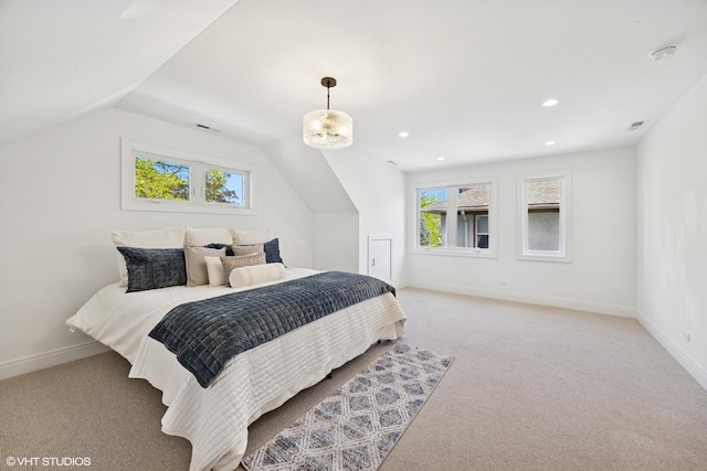 carpeted bedroom featuring multiple windows, baseboards, vaulted ceiling, and recessed lighting