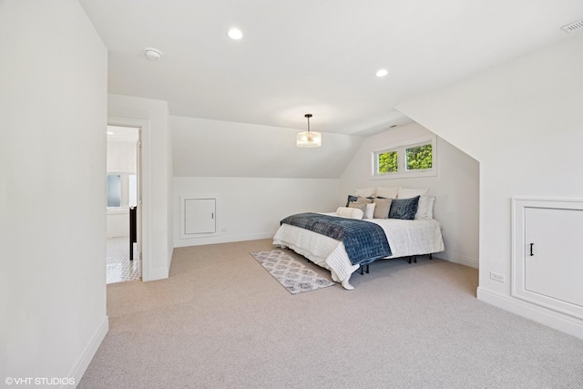 carpeted bedroom with baseboards, lofted ceiling, and recessed lighting