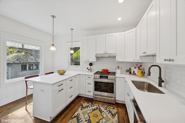 kitchen featuring stainless steel appliances, a sink, a peninsula, light countertops, and tasteful backsplash