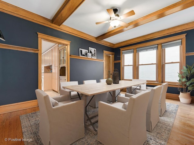 dining area with baseboards, ceiling fan, light wood-type flooring, and beam ceiling