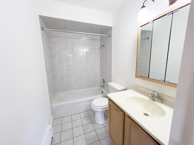 10310 Ridgeland Ave Unit 307, Chicago Ridge, IL 60415 - bathroom featuring toilet, a baseboard heating unit, shower / tub combination, tile patterned floors, and vanity
