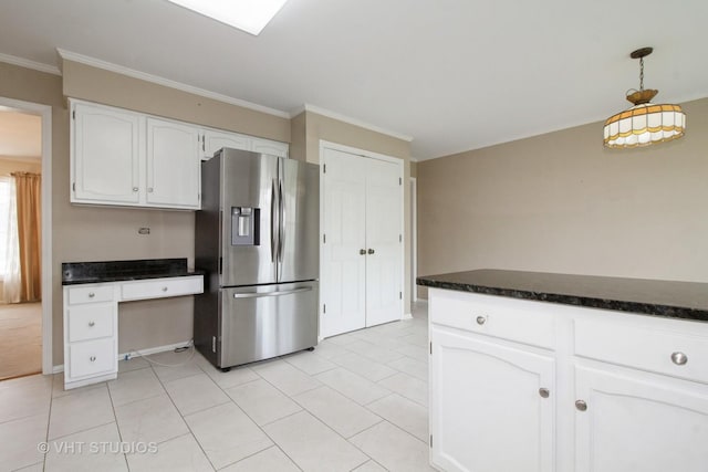 23 Westmoreland Ln, Naperville, IL 60540 - kitchen with stainless steel refrigerator with ice dispenser, pendant lighting, light tile patterned floors, white cabinets, and ornamental molding