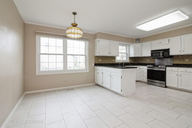 23 Westmoreland Ln, Naperville, IL 60540 - kitchen with stainless steel range with electric stovetop, black microwave, dark countertops, white cabinetry, and tasteful backsplash