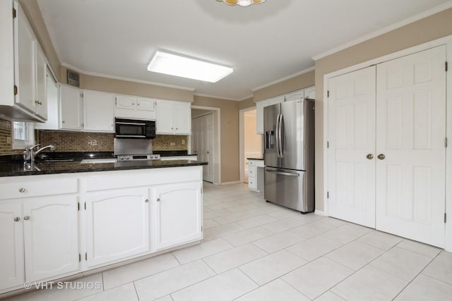 23 Westmoreland Ln, Naperville, IL 60540 - kitchen with backsplash, black microwave, crown molding, stainless steel fridge with ice dispenser, and white cabinetry