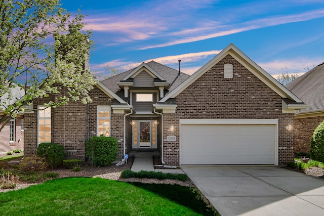 13083 Timber Ct, Palos Heights, IL 60463 - view of front of property featuring roof with shingles, a front yard, a garage, brick siding, and concrete driveway