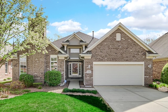13083 Timber Ct, Palos Heights, IL 60463 - view of front facade featuring brick siding, a garage, a front yard, and concrete driveway