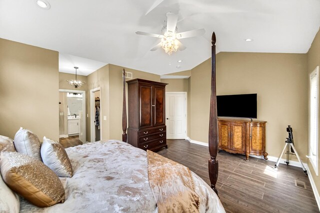 13083 Timber Ct, Palos Heights, IL 60463 - bedroom with visible vents, dark wood finished floors, baseboards, and vaulted ceiling