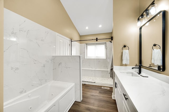 13083 Timber Ct, Palos Heights, IL 60463 - full bathroom featuring a jetted tub, visible vents, wood finished floors, a shower, and vanity