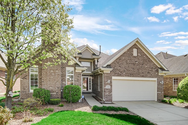 13083 Timber Ct, Palos Heights, IL 60463 - traditional home with an attached garage, a shingled roof, driveway, and brick siding