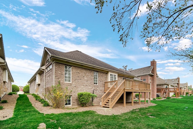 13083 Timber Ct, Palos Heights, IL 60463 - rear view of property featuring a lawn, a wooden deck, stairway, and brick siding