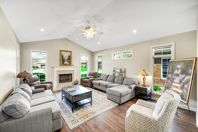 13083 Timber Ct, Palos Heights, IL 60463 - living room with a ceiling fan, dark wood-style flooring, a fireplace, lofted ceiling, and recessed lighting