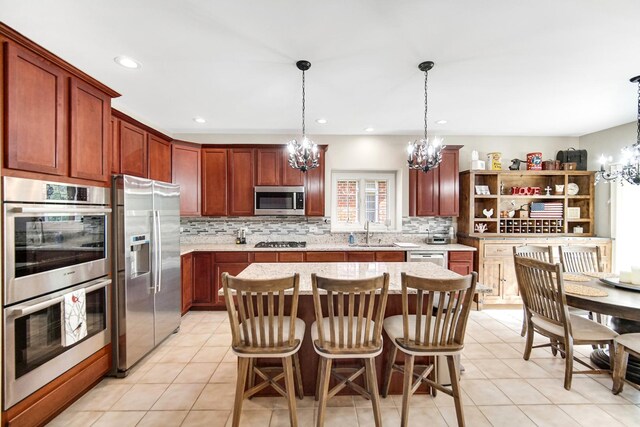 13083 Timber Ct, Palos Heights, IL 60463 - kitchen with decorative backsplash, light tile patterned flooring, a chandelier, and stainless steel appliances