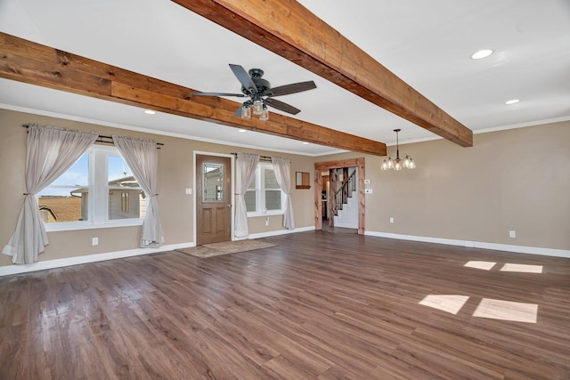 23678 N 2700 E Rd, Odell, IL 60460 - unfurnished living room featuring baseboards, dark wood-type flooring, beam ceiling, recessed lighting, and a chandelier