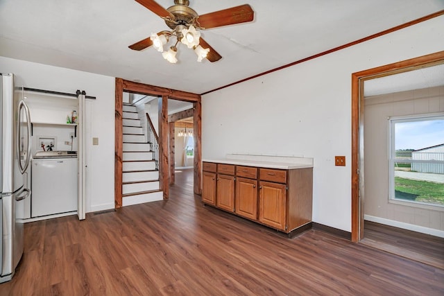 23678 N 2700 E Rd, Odell, IL 60460 - kitchen featuring washer / clothes dryer, freestanding refrigerator, dark wood-style floors, and a ceiling fan