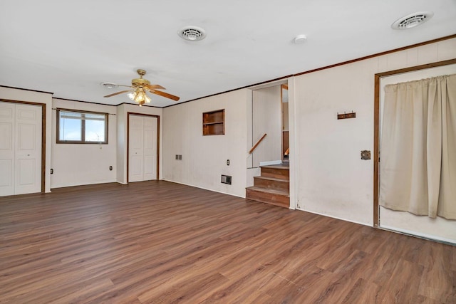 23678 N 2700 E Rd, Odell, IL 60460 - unfurnished living room with wood finished floors, ceiling fan, crown molding, and stairs