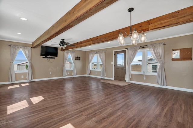 23678 N 2700 E Rd, Odell, IL 60460 - unfurnished living room with baseboards, a ceiling fan, wood finished floors, a chandelier, and beamed ceiling
