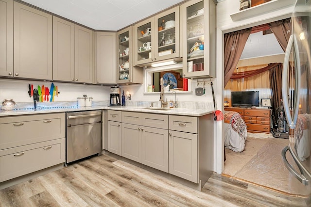 5203 W Court St, Monee, IL 60449 - kitchen featuring gray cabinetry, appliances with stainless steel finishes, light countertops, light wood finished floors, and a sink