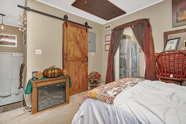 5203 W Court St, Monee, IL 60449 - carpeted bedroom featuring freestanding refrigerator, electric panel, a barn door, and crown molding