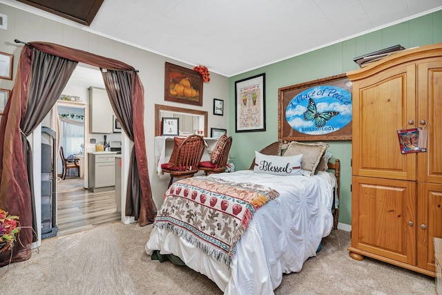 5203 W Court St, Monee, IL 60449 - bedroom featuring crown molding, light carpet, and wood walls