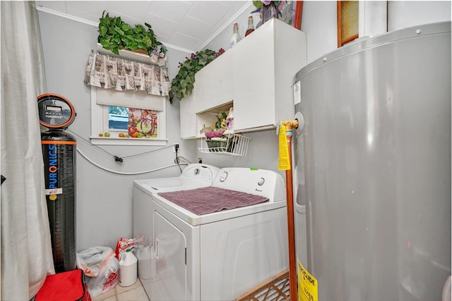 5203 W Court St, Monee, IL 60449 - washroom with independent washer and dryer, ornamental molding, electric water heater, and cabinet space