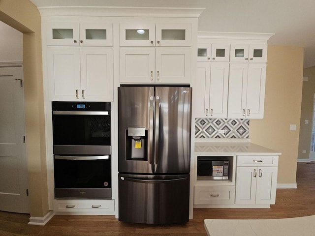 1221 Honey Lake Rd, Lake Zurich, IL 60047 - kitchen featuring dark wood-style flooring, black appliances, white cabinetry, and glass insert cabinets