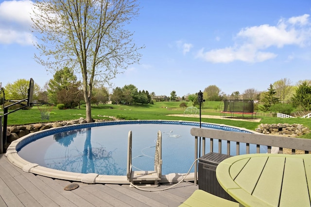 pool with a yard, a deck, and a trampoline