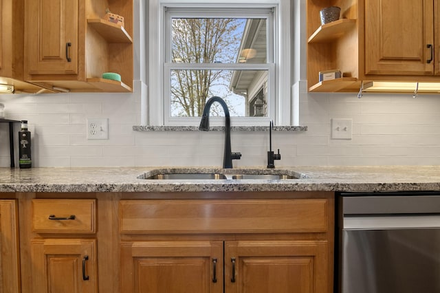 kitchen with a sink, decorative backsplash, stainless steel dishwasher, and open shelves