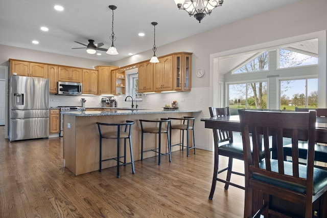 kitchen featuring recessed lighting, dark wood finished floors, appliances with stainless steel finishes, and glass insert cabinets
