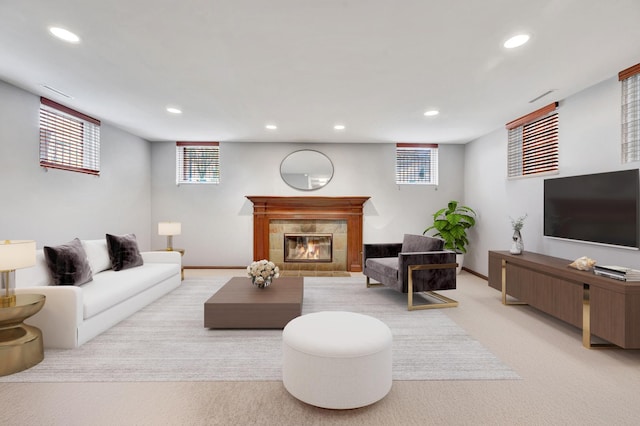 1800 W Melrose St, Chicago, IL 60657 - living room with recessed lighting, light carpet, baseboards, and a tile fireplace
