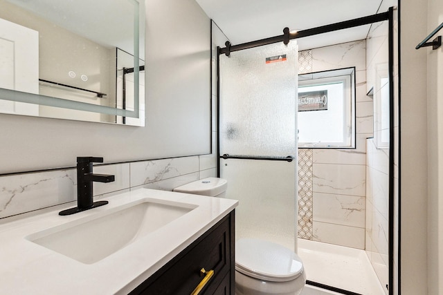 bathroom with vanity, a stall shower, and toilet