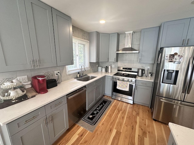 9911 Kedvale Ave, Skokie, IL 60076 - kitchen featuring wall chimney range hood, gray cabinetry, stainless steel appliances, and a sink