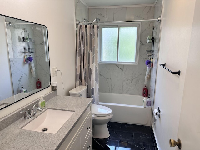 9911 Kedvale Ave, Skokie, IL 60076 - full bathroom with vanity, shower / tub combo with curtain, marble finish floor, and toilet