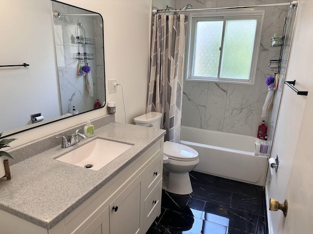 9911 Kedvale Ave, Skokie, IL 60076 - bathroom with shower / bath combo with shower curtain, marble finish floor, toilet, and vanity
