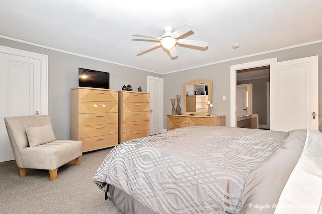 bedroom featuring crown molding, a ceiling fan, and light carpet