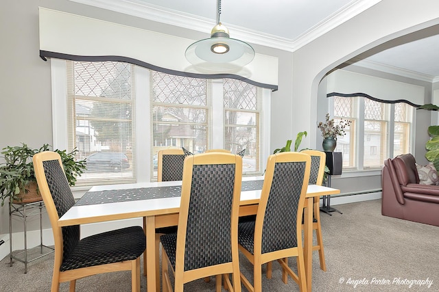 dining space featuring ornamental molding, carpet, a healthy amount of sunlight, and baseboard heating