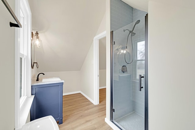 bathroom featuring baseboards, a sink, wood finished floors, and a shower stall