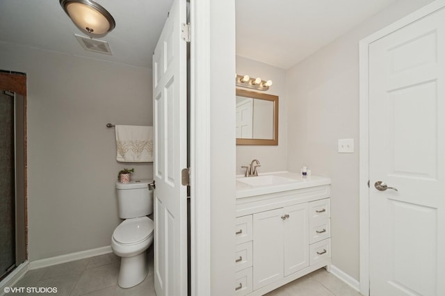 bathroom with visible vents, tile patterned flooring, vanity, baseboards, and toilet