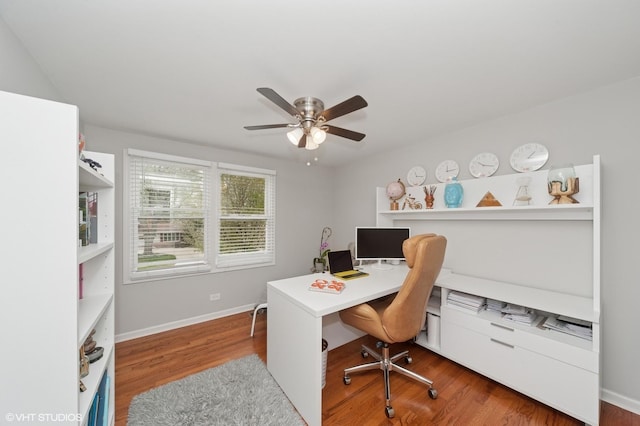 office with baseboards, ceiling fan, and wood finished floors