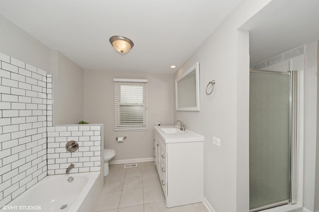 full bath featuring visible vents, toilet, baseboards, tile patterned floors, and a stall shower