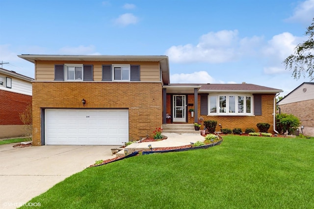 tri-level home with an attached garage, driveway, brick siding, and a front lawn