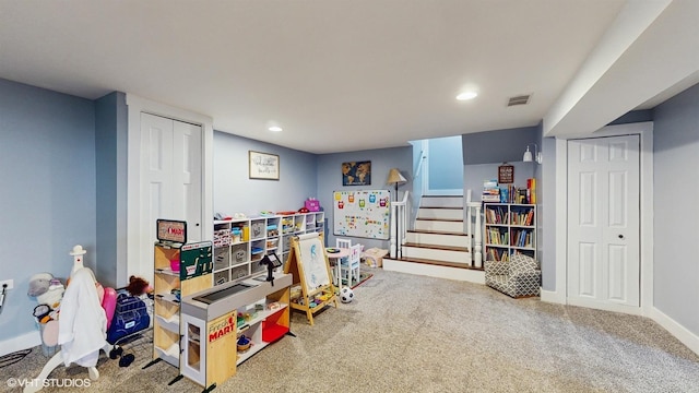 rec room featuring carpet, recessed lighting, and baseboards