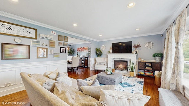 living room with wood finished floors, a high end fireplace, ornamental molding, recessed lighting, and wainscoting