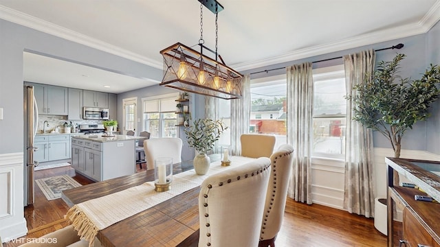 dining space with ornamental molding, dark wood-style flooring, and wainscoting
