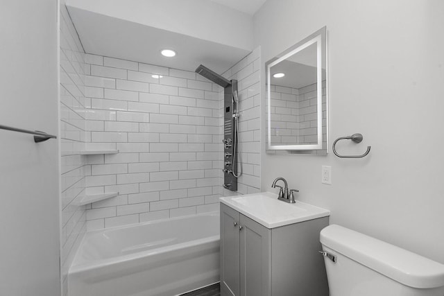 full bathroom featuring toilet, recessed lighting, shower / bathing tub combination, and vanity