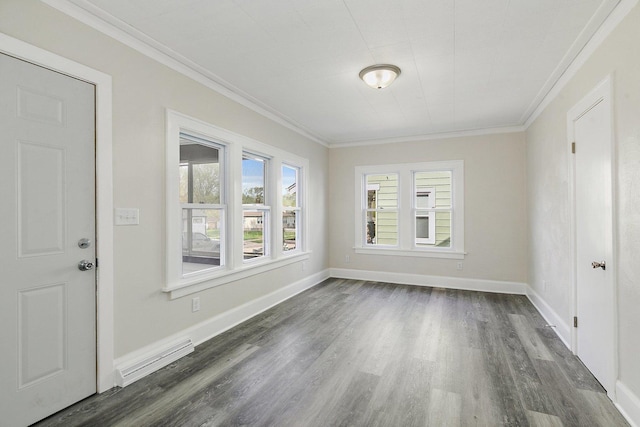 entrance foyer featuring crown molding, baseboards, dark wood-style flooring, and visible vents