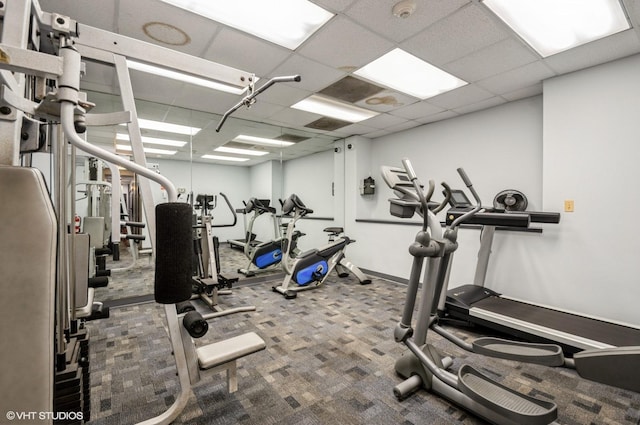 gym with carpet and a drop ceiling